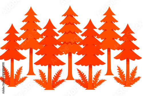 Abstract forest scene featuring a row of stylized orange pine trees and vibrant foliage