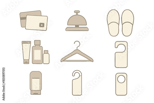Essential hotel amenities and services including bell, key cards, slippers, and toiletries