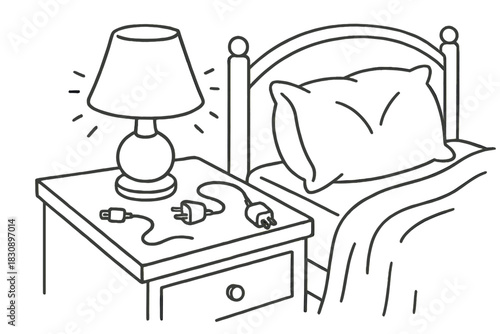 Nightstand with glowing lamp and loose electrical plugs suggesting a safety hazard
