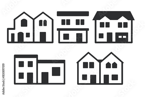 Collection of minimal black silhouettes showing suburban and urban residential buildings