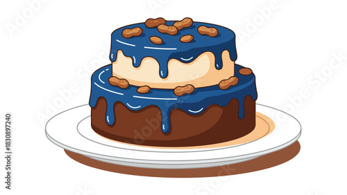 Delicious twotiered cake with blue icing and nuts on a white plate.