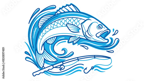 Dynamic Fish Jumping Out of Water with Fishing Rod.