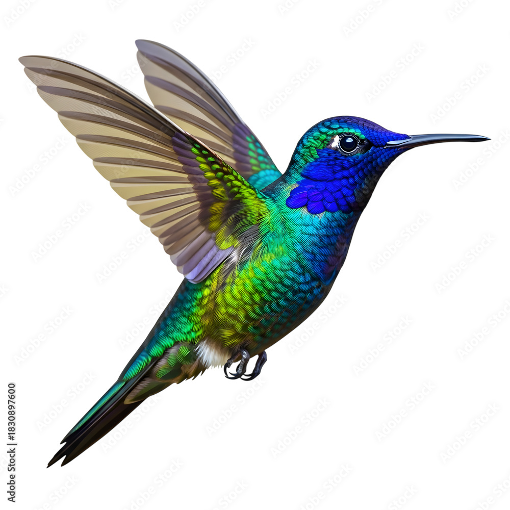 Fototapeta premium Vibrant hummingbird in flight against a dark background showcasing iridescent plumage