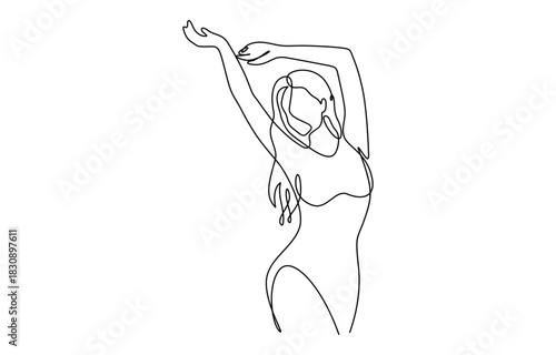 Continuous line art or One Line Drawing of a woman stretching arms is relaxing, Isolated on transparent background