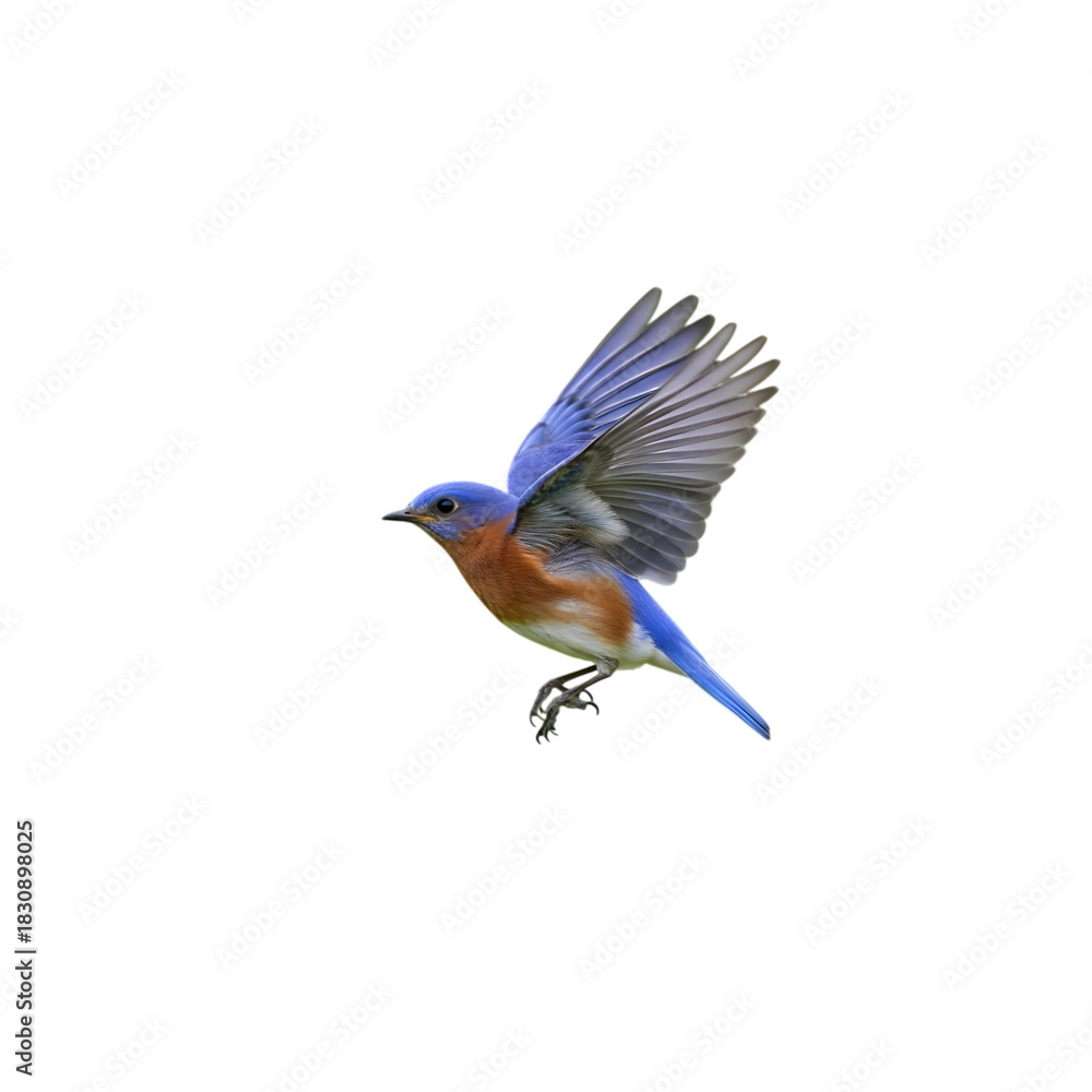 Fototapeta premium Eastern bluebird flying against a stark black background in a studio setting