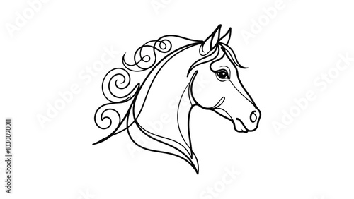 Elegant horse head profile in black and white line art.