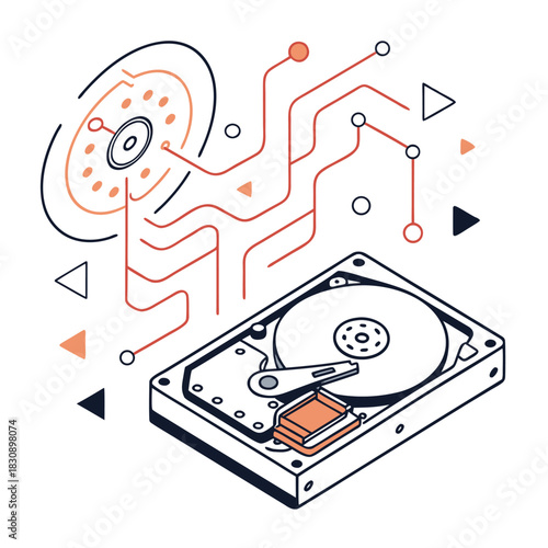 Single Glowing Hard Drive with Data Flow Line Vector Icon
