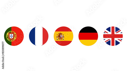 International flags Portugal, France, Spain, Germany, and United Kingdom icons for language or travel