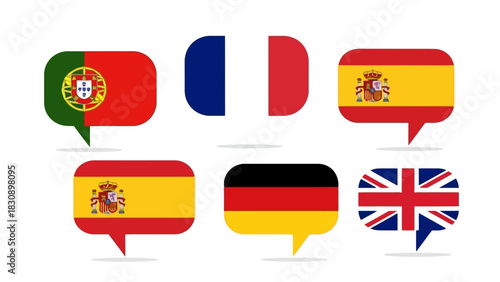 Language Learning Flags in Speech Bubbles Representing Different Nations and Languages