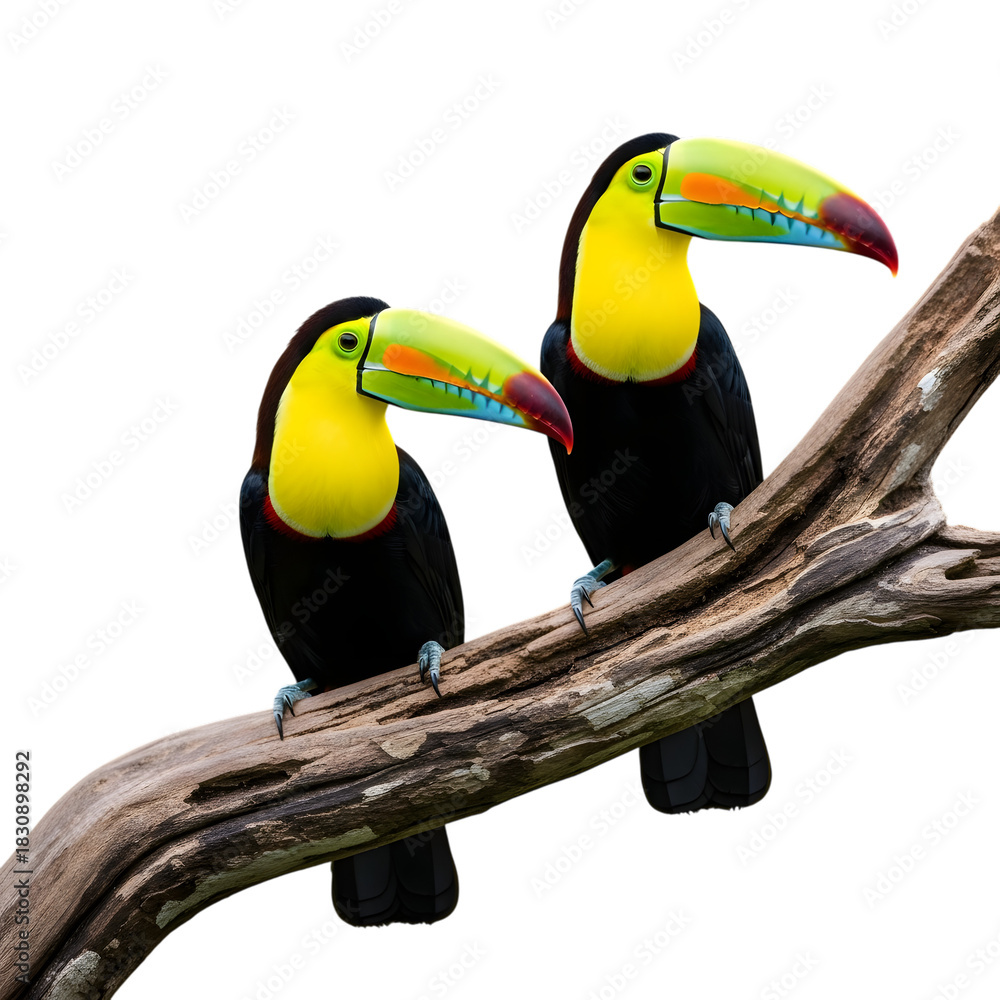 Fototapeta premium Two keel billed toucans perched on a branch against a black background