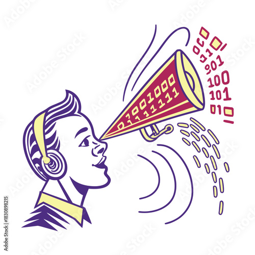 Stylized Human Ear Receiving Digital Stream Vector Icon
