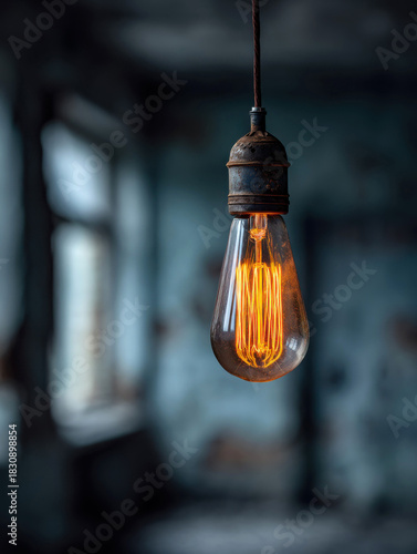 Glowing Vintage Edison Bulb Hanging in Abandoned Blue Room with Window