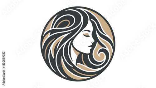 Elegant womans profile in a circular design artistic hair illustration.