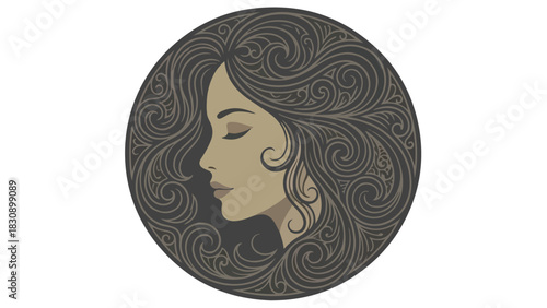 Elegant womans profile in a circular design artistic illustration.