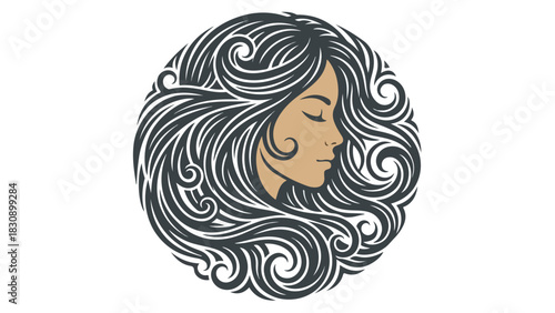 Elegant womans profile with flowing hair in a circular design.