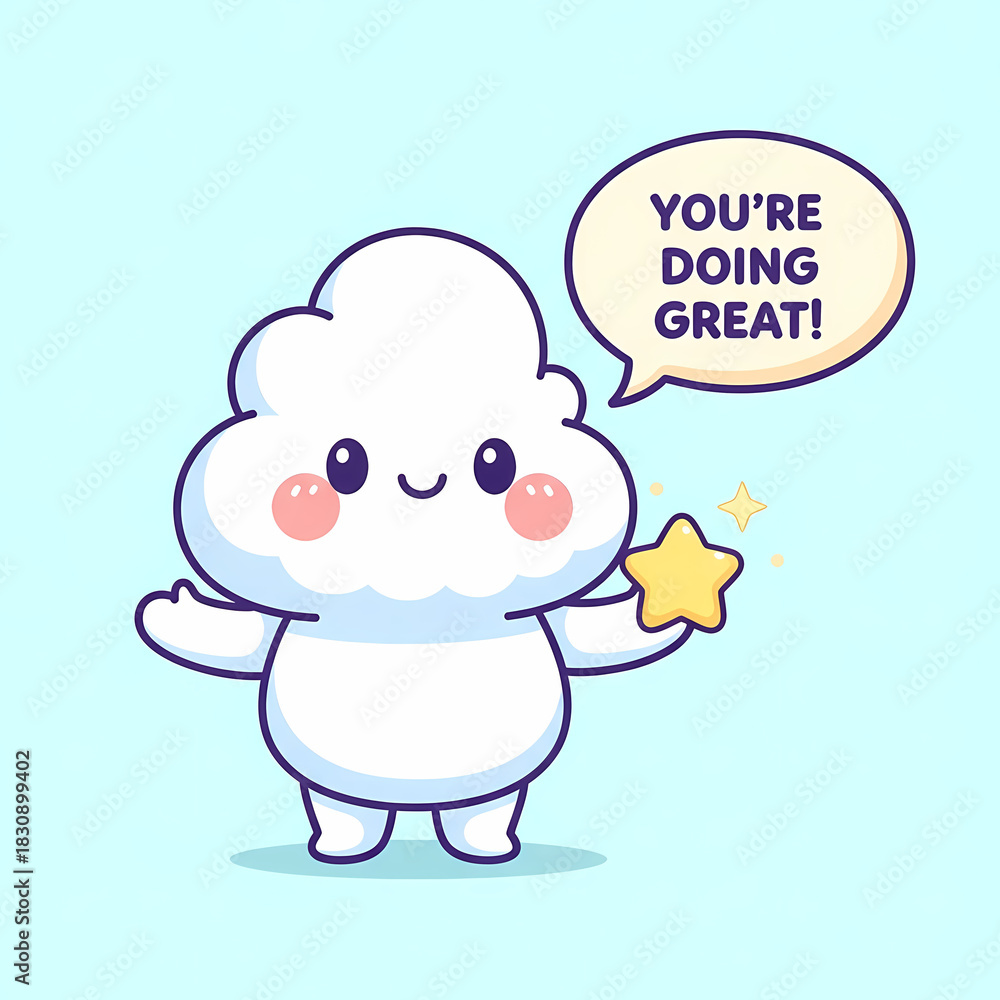 Fototapeta premium Cute kawaii cloud character holding star with positive quote “You’re Doing Great”, pastel motivational print, adorable encouragement clipart for stickers, cards, and wall art