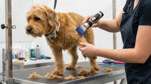 A dog is being groomed on a table, with a person using a grooming tool, surrounded by grooming products in a brightly lit space.