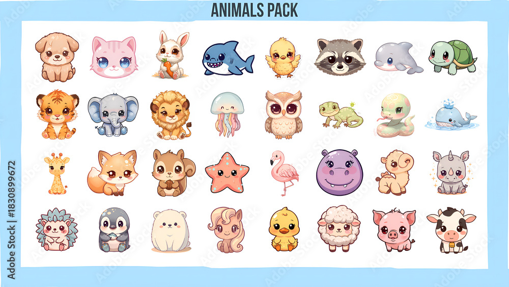 Obraz premium Cute Baby Animals Illustration Pack – Kawaii Cartoon Characters for Kids, Stickers & Clipart