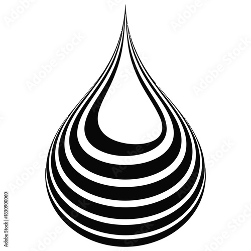 Abstract black and white striped water drop or teardrop shape, a modern graphic design element isolated on white background
