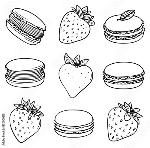 Strawberry macaron line icons set