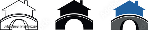 House on bridge icon set vector illustration in outline silhouette and color for real estate or construction company logo design