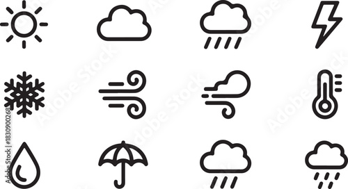 Weather forecast vector icon set including sun cloud rain wind lightning and temperature