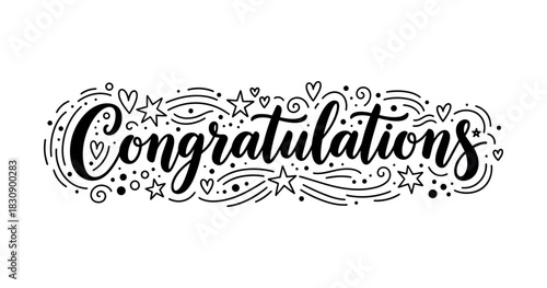 Decorative congratulations text with hearts and stars on white background