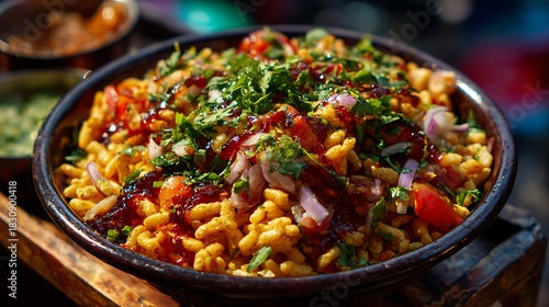 Bhel puri, popular indian street food snack in bowl..