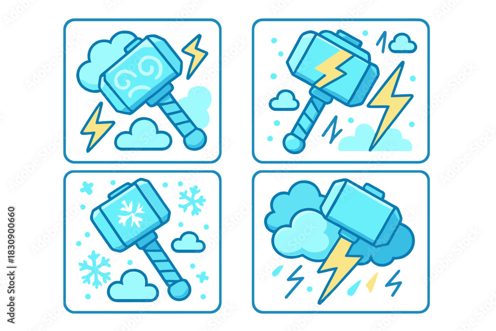 Fototapeta premium Four powerful hammer icons surrounded by lightning, snow, and rain weather conditions