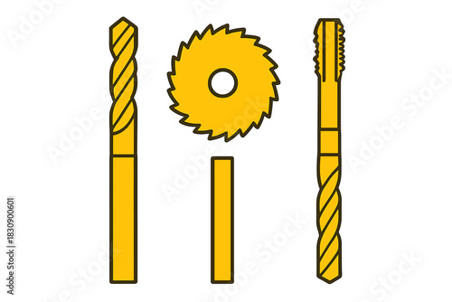 Yellow metalworking and woodworking tools set with drill bits, tap, and saw blade