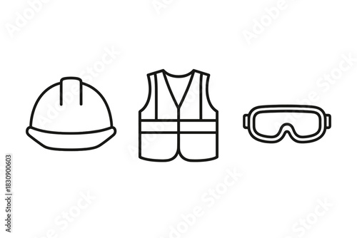 Set of essential personal protective equipment icons hard hat safety vest goggles
