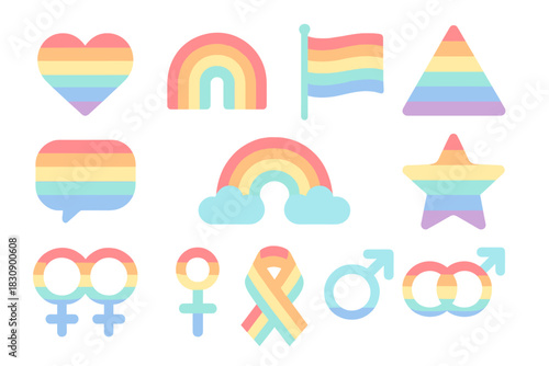 Diverse LGBTQ+ pride symbols set featuring rainbow colors, heart, flag, ribbon, and gender icons