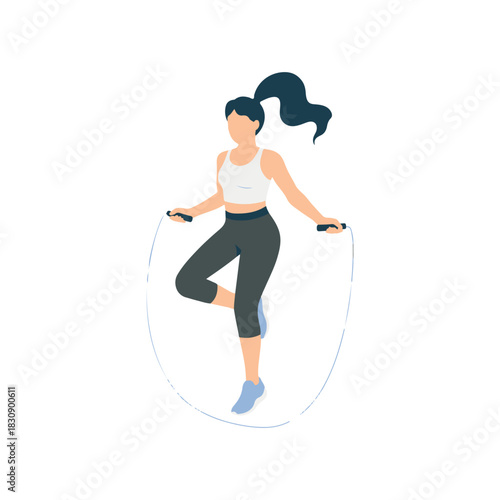 Woman Jumping Rope Semi Flat Color Vector Character, Editable Full Body Fitness Illustration