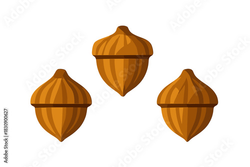 Collection of decorative autumn elements featuring three stylized brown acorns