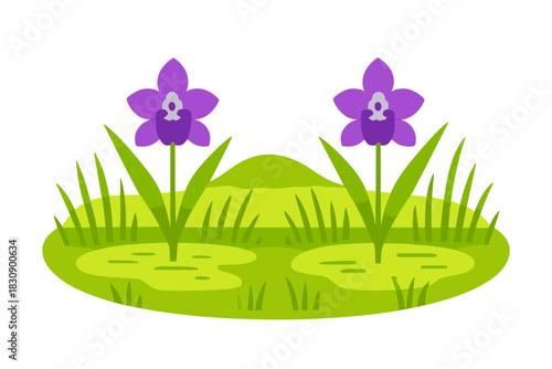 Two vibrant purple flowers blooming in a stylized patch of green grass and foliage isolated on white