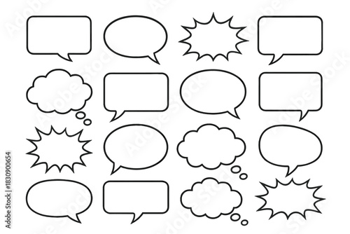 Diverse set of black outline speech bubbles, thought clouds, and explosive bursts