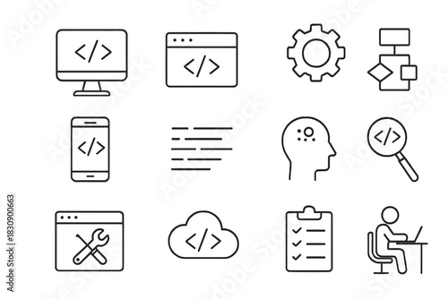 Linear icons set for software development, programming, coding, and web design concepts
