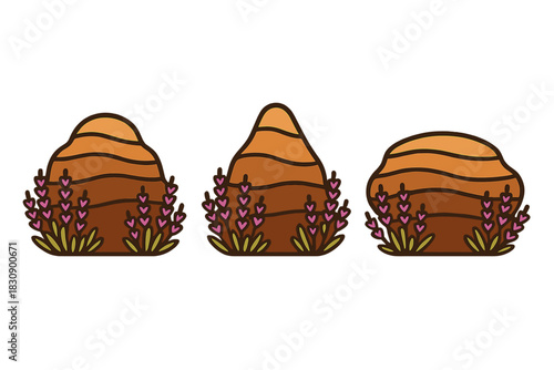 Set of three stylized brown beehives surrounded by blooming purple lavender flowers