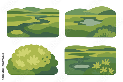 Modular set of stylized green landscapes featuring rolling hills, winding rivers, and lush foliage
