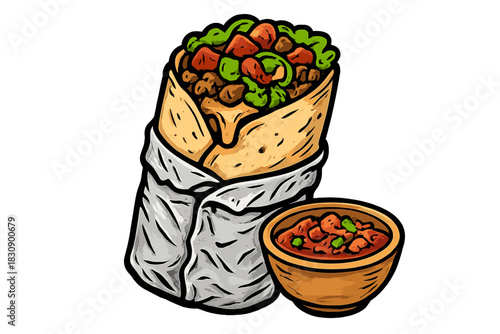 Traditional Mexican burrito wrapped in foil served with a small bowl of savory salsa dip