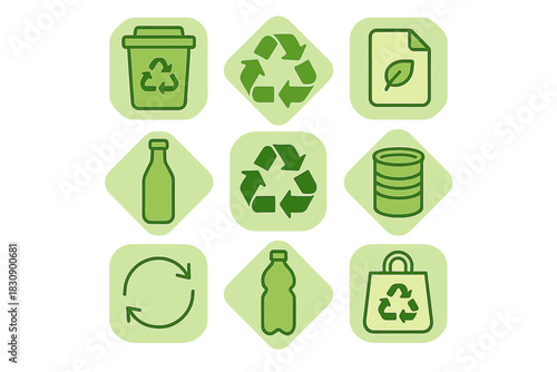 Green recycling and ecology icons for environmental protection and waste management