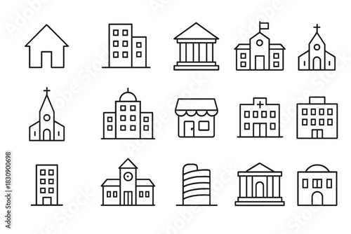 Outline symbols of urban architecture including banks hospitals schools and residential buildings