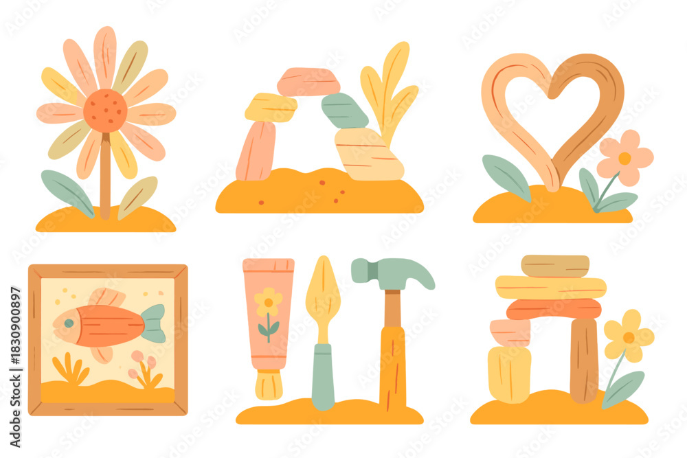Fototapeta premium Whimsical nature and craft elements including flowers, balanced stones, heart shape, and tools