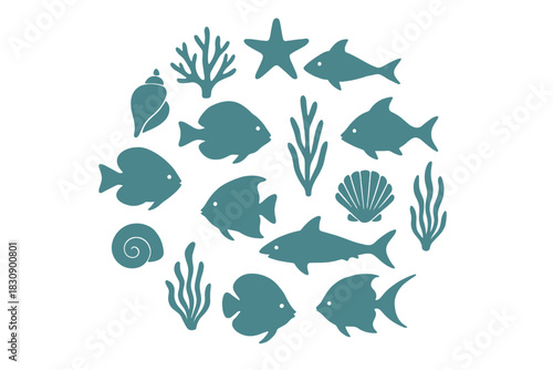 Marine life silhouettes collection featuring fish, shells, coral, and seaweed arranged in a circle