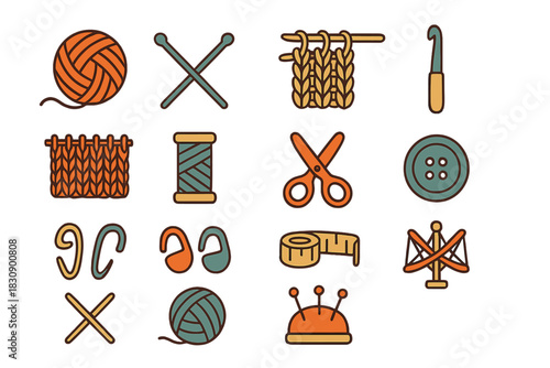 Knitting and sewing supplies icons set featuring yarn needles scissors and buttons