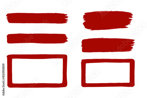 Vibrant red acrylic paint strokes and rectangular frames isolated on white background