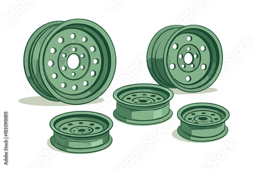 Automotive parts set featuring multiple green steel rims for rugged vehicles