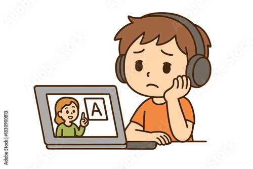 Unmotivated child student watching a virtual lesson on a laptop screen with headphones