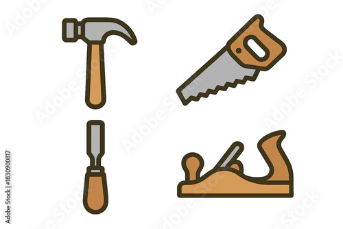 Set of essential woodworking and carpentry tools hammer saw chisel hand plane