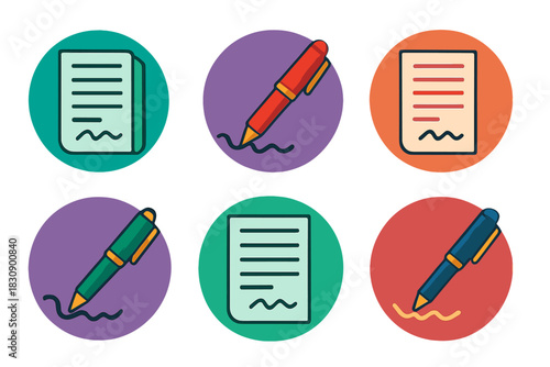 Colorful set of icons for writing, document, contract, and signature concepts